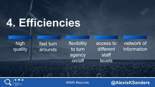 #SMX #keynote @AlexisKSanders
4. Efficiencies
high
quality
fast turn
arounds
flexibility
to turn
agency
on/off
access to
d...