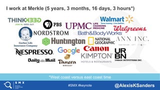 #SMX #keynote @AlexisKSanders
*West coast versus east coast time
I work at Merkle (5 years, 3 months, 16 days, 3 hours*)
 
