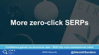 #SMX #keynote @AlexisKSanders
More zero-click SERPs
Confidence gained via structures data - Shift into more transactional ...