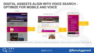 #SMX #21A @BenuAggarwal
TURNYOUR SITE INTOTHE RESOURCE. GAINTRUST. IMPROVE CONVERSION – DIGITAL ASSESTS ALIGN WITHVOICE SEARCH
TRAVEL’S
INSIGHTS
STAFF
TIPS
MOBILE
EXPERIENCE
DIGITAL ASSESTS ALIGN WITH VOICE SEARCH -
OPTIMIZE FOR MOBILE AND VOICE
HOME
THINGSTO DO
 