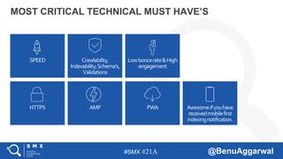 #SMX #21A @BenuAggarwal
MOST CRITICAL TECHNICAL MUST HAVE’S
SPEED Crawlability,
Indexability,Schema’s,
Validations
Lowboncerate&High
engagement
HTTPS AMP PWA Awesomeifyouhave
receivedmobilefirst
indexingnotification.
 