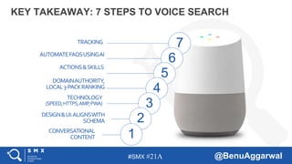 #SMX #21A @BenuAggarwal
CONVERSATIONAL
CONTENT
KEY TAKEAWAY: 7 STEPS TO VOICE SEARCH
DESIGN&UI:ALIGNSWITH
SCHEMA
TECHNOLOGY
(SPEED,HTTPS,AMP,PWA)
DOMAINAUTHORITY,
LOCAL3-PACKRANKING
ACTIONS&SKILLS
AUTOMATEFAQSUSINGAI
TRACKING
7
6
5
4
3
2
1
 