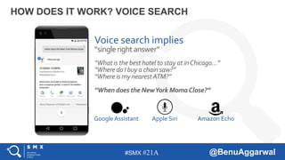 #SMX #21A @BenuAggarwal
HOW DOES IT WORK? VOICE SEARCH
“Whatis the best hotel to stay at inChicago…”
“WheredoI buya chainsaw?”
“Whereis my nearestATM?”
“When does the NewYork MomaClose?”
Google Assistant Apple Siri Amazon Echo
Voice search implies
“singlerightanswer”
 
