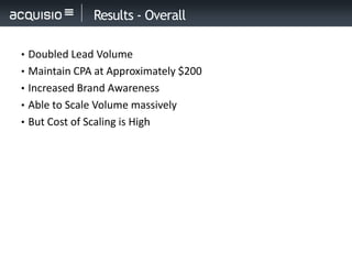 Results - Overall

• Doubled Lead Volume
• Maintain CPA at Approximately $200
• Increased Brand Awareness
• Able to Scale Volume massively
• But Cost of Scaling is High
 