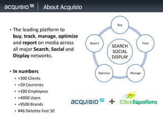 About Acquisio

                                                     Buy
• The leading platform to
 buy, track, manage, optimize
 and report on media across        Report                             Track
                                                   SEARCH
 all major Search, Social and                      SOCIAL
 Display networks.                                 DISPLAY

• In numbers                            Optimize             Manage
   • +300 Clients
   • +20 Countries
   • +100 Employees
   • +4000 Users
   • +9500 Brands
   • #46 Deloitte Fast 50
 
