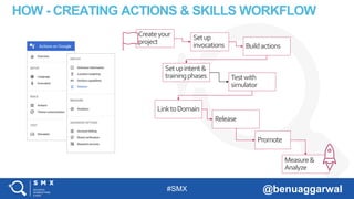 #SMX @benuaggarwal
HOW - CREATING ACTIONS & SKILLS WORKFLOW
Createyour
project
Setup
invocations Buildactions
Setupintent&
trainingphases Testwith
simulator
LinktoDomain
Release
Promote
Measure&
Analyze
 