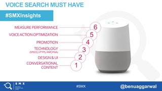 #SMX @benuaggarwal
VOICE SEARCH MUST HAVE
CONVERSATIONAL
CONTENT
DESIGN&UI
TECHNOLOGY
(SPEED,HTTPS,AMP,PWA)
PROMOTION
VOICEACTIONOPTIMIZATION
MEASUREPERFORMANCE 6
5
4
3
2
1
#SMXInsights
 