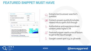 #SMX @benuaggarwal
FEATURED SNIPPET MUST HAVE
Extractstexttoanswersearcher’s
question
Contentanswersquickly&includes
relatedinfotosparkclickthrough
Authoritativeandexperiencedriven
contentyields higherCTR
Featuredsnippetneedsamixoffactors
togettothetopofGoogle
Google’ssweetspotis54to58words
 