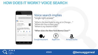 #SMX @benuaggarwal
HOW DOES IT WORK? VOICE SEARCH
“What is the best hotel to stay at inChicago…”
“Where do I buy a chain saw?”
“Where is my nearestATM?”
“When does the NewYork MomaClose?”
Google Assistant Apple Siri Amazon Echo
Voice search implies
“singlerightanswer”
 