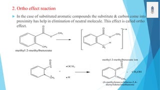2. Ortho effect reaction
 In the case of substituted aromatic compounds the substitute & carbon come into
proximity has help in elimination of neutral molecule. This effect is called ortho
effect.
O
O
CH3
CH3
O
O
CH3
C
H2
C
O
CH2
+
OCH3
H
C
C
C
O
CH2
+ CH3OH
methyl 2-methylbenzoate
methyl 2-methylbenzoate ion
(6-methylenecyclohexa-2,4-
dienylidene)methanone
H
 
