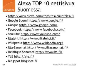 Alexa TOP 10 nettisivua
            Suomessa
     • http://www.alexa.com/topsites/countries/FI
     • Google Suomi https://www.google.fi/
     • Google https://www.google.com/
     • Facebook https://www.facebook.com/
     • YouTube http://www.youtube.com/
     • Iltalehti http://www.iltalehti.fi/
     • Wikipedia http://www.wikipedia.org/
     • Ilta-Sanomat http://www.iltasanomat.fi/
     • Helsingin Sanomat http://www.hs.fi/
     • YLE http://yle.fi/
     • Blogspot blogspot.fi
24                                 Kinda Oy | Pauliina Mäkelä | www.kinda.fi
 
