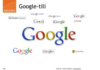 Google-tili




26                 Kinda Oy | Pauliina Mäkelä | www.kinda.fi
 