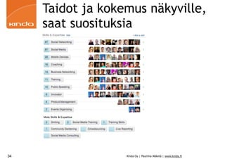 Taidot ja kokemus näkyville,
     saat suosituksia




34                 Kinda Oy | Pauliina Mäkelä | www.kinda.fi
 