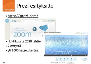 Prezi esityksille
     •http://prezi.com/




     • Huhtikuusta 2010 lähtien
     • 9 esitystä
     • yli 8000 katselukertaa


37                                Kinda Oy | Pauliina Mäkelä | www.kinda.fi
 