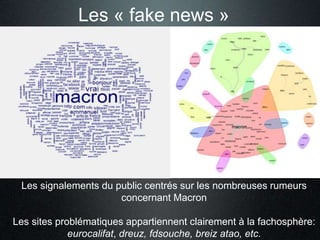 Les « fake news »
Les signalements du public centrés sur les nombreuses rumeurs
concernant Macron
Les sites problématiques...