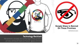 Technology Backlash
Movements already are surfacing to help protect
privacy and push back on future “glass elitists”.
32
 