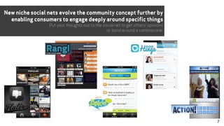 New niche social nets evolve the community concept further by
enabling consumers to engage deeply around specific things
P...