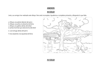 ANEXOS
III CICLO
José y sus amigos han realizado este dibujo. Pero está incompleto. Ayudemos a completar pintando y dibujando lo que falta
a. Dibujo una pelota delante del perro
b. Dibujo una piña a la derecha de Elvira.
c. Dibujo una gallina detrás del árbol.
d. pinta el animal que está encima del árbol
e. una tortuga detrás del perro
f. Una serpiente a la izquierda de Elvira
IV CICLO
 