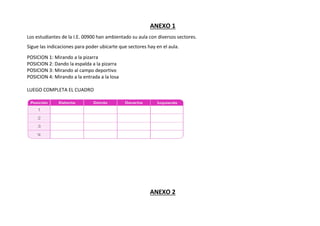 ANEXO 1
Los estudiantes de la I.E. 00900 han ambientado su aula con diversos sectores.
Sigue las indicaciones para poder ubicarte que sectores hay en el aula.
POSICION 1: Mirando a la pizarra
POSICION 2: Dando la espalda a la pizarra
POSICION 3: Mirando al campo deportivo
POSICION 4: Mirando a la entrada a la losa
LUEGO COMPLETA EL CUADRO
ANEXO 2
 