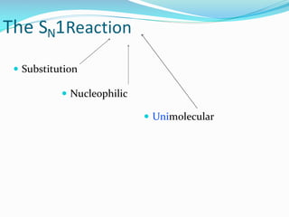 The SN1Reaction
 Substitution
 Nucleophilic
 Unimolecular
 