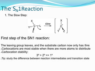 The SN1Reaction
1. The Slow Step:
First step of the SN1 reaction:
The leaving group leaves, and the substrate carbon now only has thre
●Carbocations are most stable when there are more atoms to distribute
●Carbocation stability:
3º > 2º >> 1º
●Tip: study the difference between reaction intermediates and transition state
 