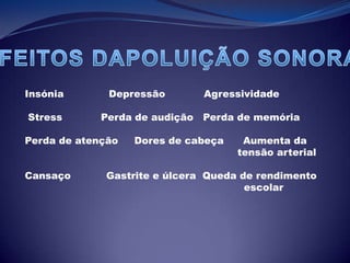 EFEITOS DAPOLUIÇÃO SONORAInsónia              Depressão            Agressividade                                                 Stress            Perda de audição   Perda de memóriaPerda de atenção     Dores de cabeça      Aumenta da                                                                   tensão arterialCansaço           Gastrite e úlcera  Queda de rendimento                                                                    escolar