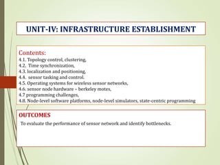 Contents:
4.1. Topology control, clustering,
4.2. Time synchronization,
4.3. localization and positioning,
4.4. sensor tasking and control.
4.5. Operating systems for wireless sensor networks,
4.6. sensor node hardware – berkeley motes,
4.7 programming challenges,
4.8. Node-level software platforms, node-level simulators, state-centric programming
OUTCOMES
UNIT-IV: INFRASTRUCTURE ESTABLISHMENT
To evaluate the performance of sensor network and identify bottlenecks.
 