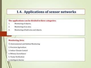 .
1.4. Applications of sensor networks
The applications can be divided in three categories:
1. Monitoring of objects.
2. Monitoring of an area.
3. Monitoring of both area and objects.
Monitoring Area:
1. Environmental and Habitat Monitoring
2. Precision Agriculture
3. Indoor Climate Control
4. Military Surveillance
5. Treaty Verification
6. Intelligent Alarms
 