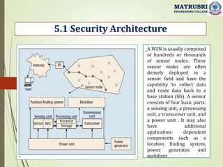 .
5.1 Security Architecture
MATRUSRI
ENGINEERING COLLEGE
.A WSN is usually composed
of hundreds or thousands
of sensor nodes. These
sensor nodes are often
densely deployed in a
sensor field and have the
capability to collect data
and route data back to a
base station (BS). A sensor
consists of four basic parts:
a sensing unit, a processing
unit, a transceiver unit, and
a power unit . It may also
have additional
application- dependent
components such as a
location finding system,
power generator, and
mobilizer
 