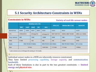 .
5.1 Security Architecture-Constraints in WSNs
MATRUSRI
ENGINEERING COLLEGE
Constraints in WSNs Variety of real-life sensor nodes
Individual sensor nodes in a WSN are inherently resource constrained.
They have limited processing capability, storage capacity, and communication
bandwidth.
Each of these limitations is due in part to the two greatest constraints — limited
energy and physical size.
 