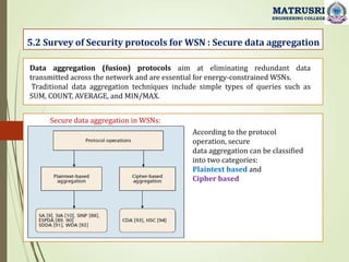 5.2 Survey of Security protocols for WSN : Secure data aggregation
MATRUSRI
ENGINEERING COLLEGE
Secure data aggregation in WSNs:
Data aggregation (fusion) protocols aim at eliminating redundant data
transmitted across the network and are essential for energy-constrained WSNs.
Traditional data aggregation techniques include simple types of queries such as
SUM, COUNT, AVERAGE, and MIN/MAX.
According to the protocol
operation, secure
data aggregation can be classified
into two categories:
Plaintext based and
Cipher based
 