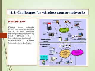 1.1. Challenges for wireless sensor networks
INTRODUCTION:
Wireless sensor networks
(WSNs) have been considered as
one of the most important
technologies that are enabled by
recent advances in –
Micro-electronic-mechanical-
systems(MEMS) Wireless
Communication technologies.
 