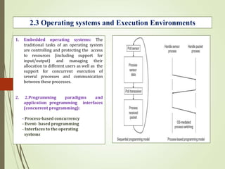 2.3 Operating systems and Execution Environments
1. Embedded operating systems: The
traditional tasks of an operating system
are controlling and protecting the access
to resources (including support for
input/output) and managing their
allocation to different users as well as the
support for concurrent execution of
several processes and communication
between these processes.
2. 2.Programming paradigms and
application programming interfaces
(concurrent programming):
- Process-based concurrency
- Event- based programming
- Interfaces to the operating
systems
 