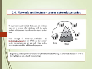 .Multi hop network:
2.4. Network architecture - sensor network scenarios
To overcome such limited distances, an obvious
way out is to use relay stations, with the data
packets taking multi hops from the source to the
sink.
This concept of multi-hop networks is
particularly attractive for WSNs as the sensor
nodes themselves can act as such relay nodes,
foregoing the need for additional equipment
Depending on the particular application, the likelihood of having an intermediate sensor node at
the right place can actually be quite high
 