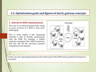 .
2.5. Optimization goals and figures of merit, gateway concepts
2. Internet to WSN communication
The case of an Internet-based entity trying
to access services of a WSN is even more
challenging .
This is fairly simple if this requesting
terminal is able to directly communicate
with the WSN, for example, a mobile
requester equipped with a WSN transceiver,
and also has all the necessary protocol
components at its disposal
In this case, the requesting terminal can be a direct part of the WSN and no particular treatment is
necessary
 
