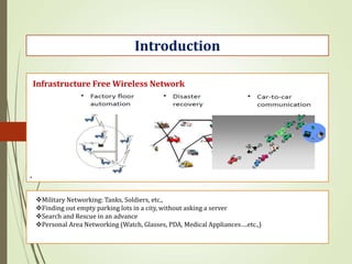 .
Introduction
Infrastructure Free Wireless Network
Military Networking: Tanks, Soldiers, etc.,
Finding out empty parking lots in a city, without asking a server
Search and Rescue in an advance
Personal Area Networking (Watch, Glasses, PDA, Medical Appliances….etc.,)
 
