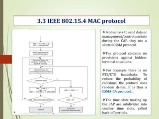 • 5. Slotted CSMA-CA protocol:
3.3 IEEE 802.15.4 MAC protocol
 Nodes have to send data or
management/control packets
during the CAP, they use a
slotted CSMA protocol.
The protocol contains no
provisions against hidden-
terminal situations.
 For Example there is no
RTS/CTS handshake. To
reduce the probability of
collisions, the protocol uses
random delays; it is thus a
CSMA-CA protocol.
The time slots making up
the CAP are subdivided into
smaller time slots, called
back-off periods.
 