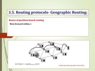3.5. Routing protocols- Geographic Routing:
Basics of position-based routing
Simple greedy geographic forwarding
Most forward within r:
 