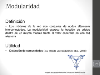 Modularidad

Definición
 Los módulos de la red son conjuntos de nodos altamente
interconectados. La modularidad expresa l...