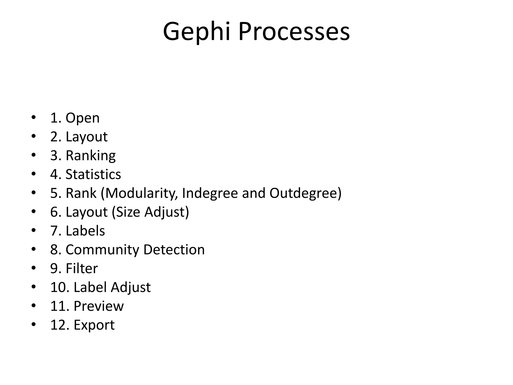Gephi Processes
• 1. Open
• 2. Layout
• 3. Ranking
• 4. Statistics
• 5. Rank (Modularity, Indegree and Outdegree)
• 6. Layout (Size Adjust)
• 7. Labels
• 8. Community Detection
• 9. Filter
• 10. Label Adjust
• 11. Preview
• 12. Export
 