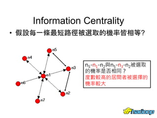 Information Centrality
• 假設每一條最短路徑被選取的機率皆相等?
54
n5-n1-n2與n5-n3-n2被選取
的機率是否相同？
度數較高的居間者被選擇的
機率較大
 