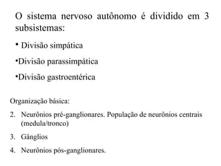 O sistema nervoso autônomo é dividido em 3 subsistemas: Divisão simpática Divisão parassimpática Divisão gastroentérica Organização básica: Neurônios pré-ganglionares. População de neurônios centrais (medula/tronco) Gânglios Neurônios pós-ganglionares. 