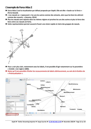 Gephi ► Twitter Streaming Importer ► Serge Courrier ► CC BY-NC-ND 2.0 FR ► Novembre 2020 ► Page 12 sur 20
L’exempledeForceAtlas2
◼ Force Atlas 2 est la visualisation par défaut proposée par Gephi. Elle est dite « basée sur la force »
(Force based).
◼ « Les nœuds se « repoussent » les uns les autres comme des aimants, alors que les liens les attirent
comme des ressorts. » (Jacomy, 2014)
◼ Plus les nœuds sont répartis dans les mêmes régions et proches les uns des autres et plus la force des
liens entre ces nœuds est forte.
◼ Cette représentation permet souvent d’avoir une vision rapide et claire des grappes de nœuds.
◼ Pour y voir plus clair, notamment avec les labels, il est possible d’agir notamment sur le paramètre
« Echelle » (ici réglé à 1000).
◼ Notez qu’il sera possible d’éviter les recouvrements de labels ultérieurement, au sein de la fenêtre de
« Prévisualisation ».
 