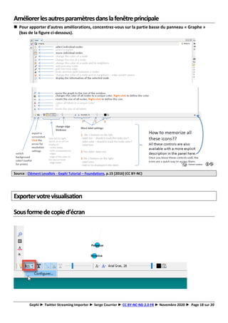 Gephi ► Twitter Streaming Importer ► Serge Courrier ► CC BY-NC-ND 2.0 FR ► Novembre 2020 ► Page 18 sur 20
Améliorerlesautresparamètresdanslafenêtreprincipale
◼ Pour apporter d’autres améliorations, concentrez-vous sur la partie basse du panneau « Graphe »
(bas de la figure ci-dessous).
Source : Clément Levallois - Gephi Tutorial – Foundations, p.15 [2016] (CC BY-NC)
Exportervotrevisualisation
Sousformedecopied’écran
 