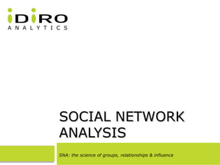 SOCIAL NETWORKSOCIAL NETWORK
ANALYSISANALYSIS
SNA: the science of groups, relationships & influence
 