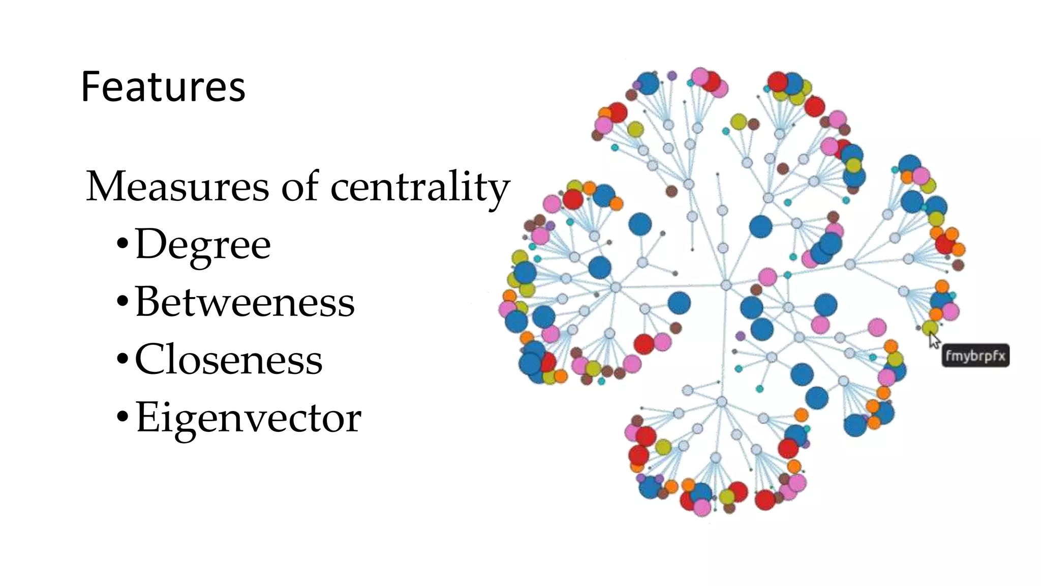 Measures of centrality
•Degree
•Betweeness
•Closeness
•Eigenvector
Features
 