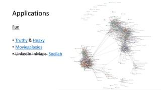 Applications
Fun
• Truthy & Hoaxy
• Moviegalaxies
• LinkedIn InMaps Socilab
 