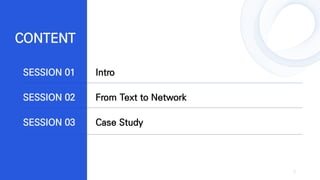 3
SESSION 01 Intro
SESSION 02 From Text to Network
SESSION 03 Case Study
CONTENT
 