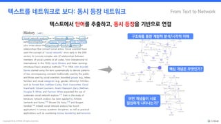 Copyright © by CYRAM. All rights reserved. 8
From Text to Network
텍스트를 네트워크로 보다: 동시 등장 네트워크
핵심 개념은 무엇인가?
어떤 개념들이 서로
밀접하게 나타나는가?
구조화를 통한 계량적 분석/시각적 이해
텍스트에서 단어를 추출하고, 동시 등장을 기반으로 연결
 