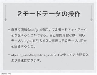 ２モードデータの操作

              自己相関結合(self-join)を用いて２モードネットワーク
              を表現することができる。自己相関結合とは、同じ
              テーブル(edges)を別名で２つ定義し同じテーブル同士
              を結合すること。

              edges.to_nodeとedges.from_nodeにインデックスを貼ると
              より高速になります。


12年9月20日木曜日
 